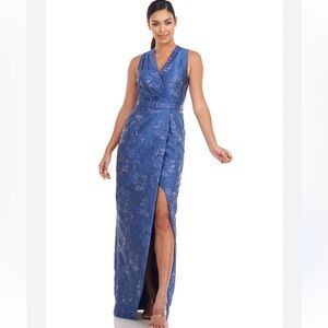 NWT Elegant Kay Unger Blue Floral Jaquard Maxi Dress-Size 6